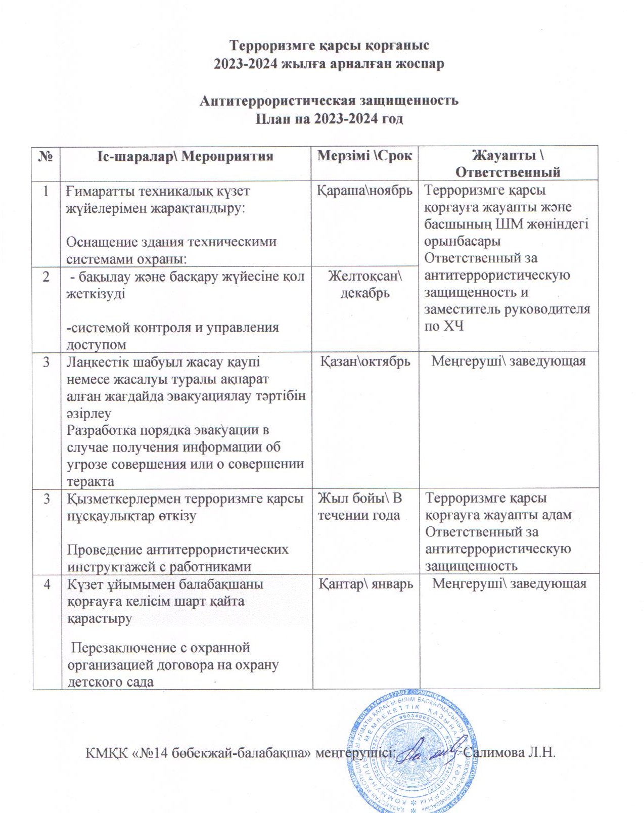 Терроризмге қарсы қорғаныс 2023-2024 жылға арналған жоспар