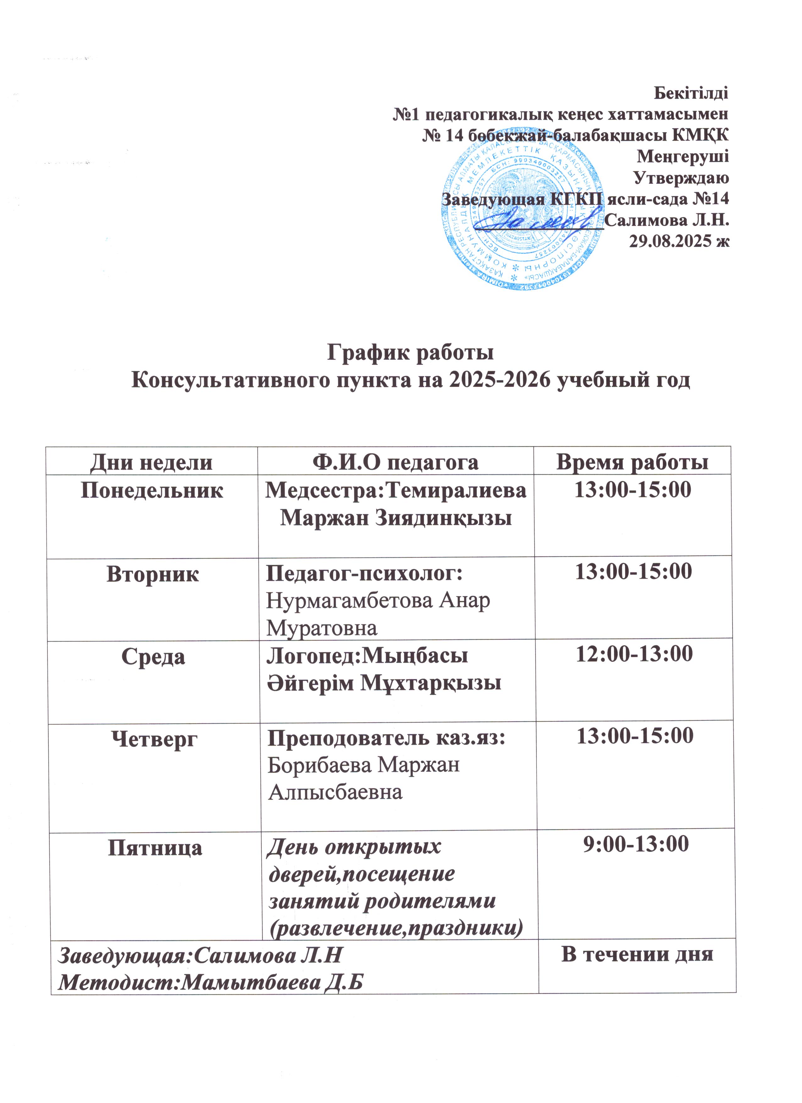 Кеңес беру пунктінің кестесі мен жұмыс жоспары